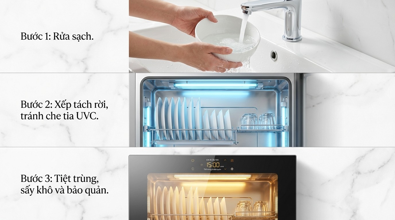 Quy trình 3 bước rửa sạch, xếp tách rời tránh che UVC, chạy tiệt trùng và sấy rồi bảo quản trong khoang