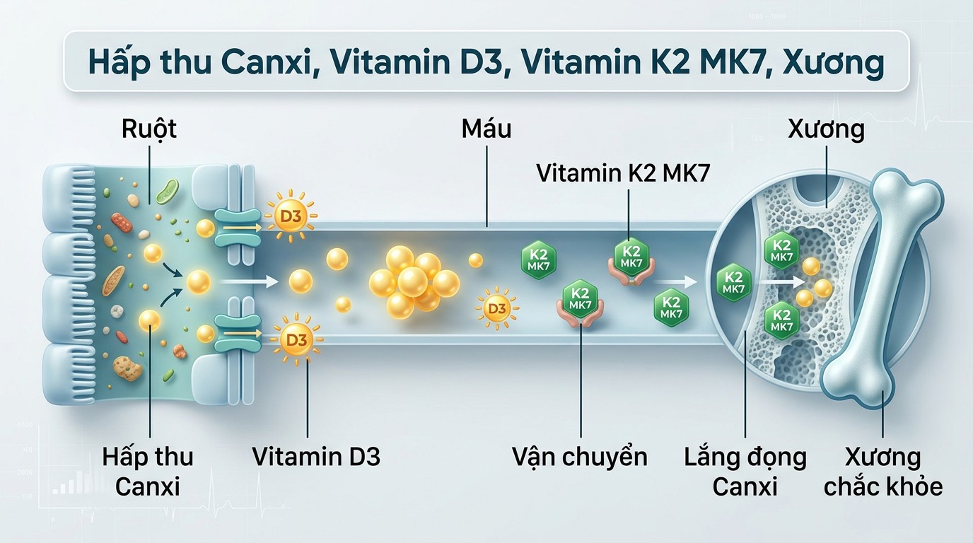 Sơ đồ cơ chế hỗ trợ hấp thu canxi của Vitamin D3 và vai trò định hướng của Vitamin K2 MK7