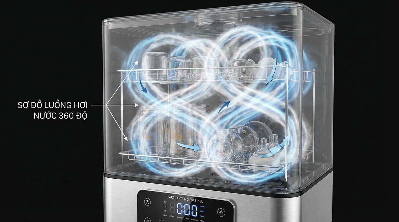 Sơ đồ luồng hơi nước 360 độ trong khoang máy tiệt trùng sấy khô Fatz Captain 2 FB4315SL