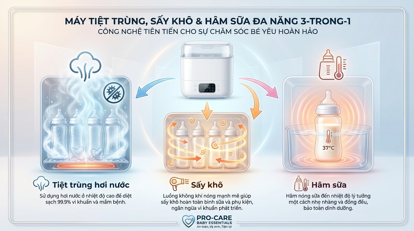 Sơ đồ luồng sử dụng tiệt trùng hơi nước, sấy khô và hâm sữa trong một máy