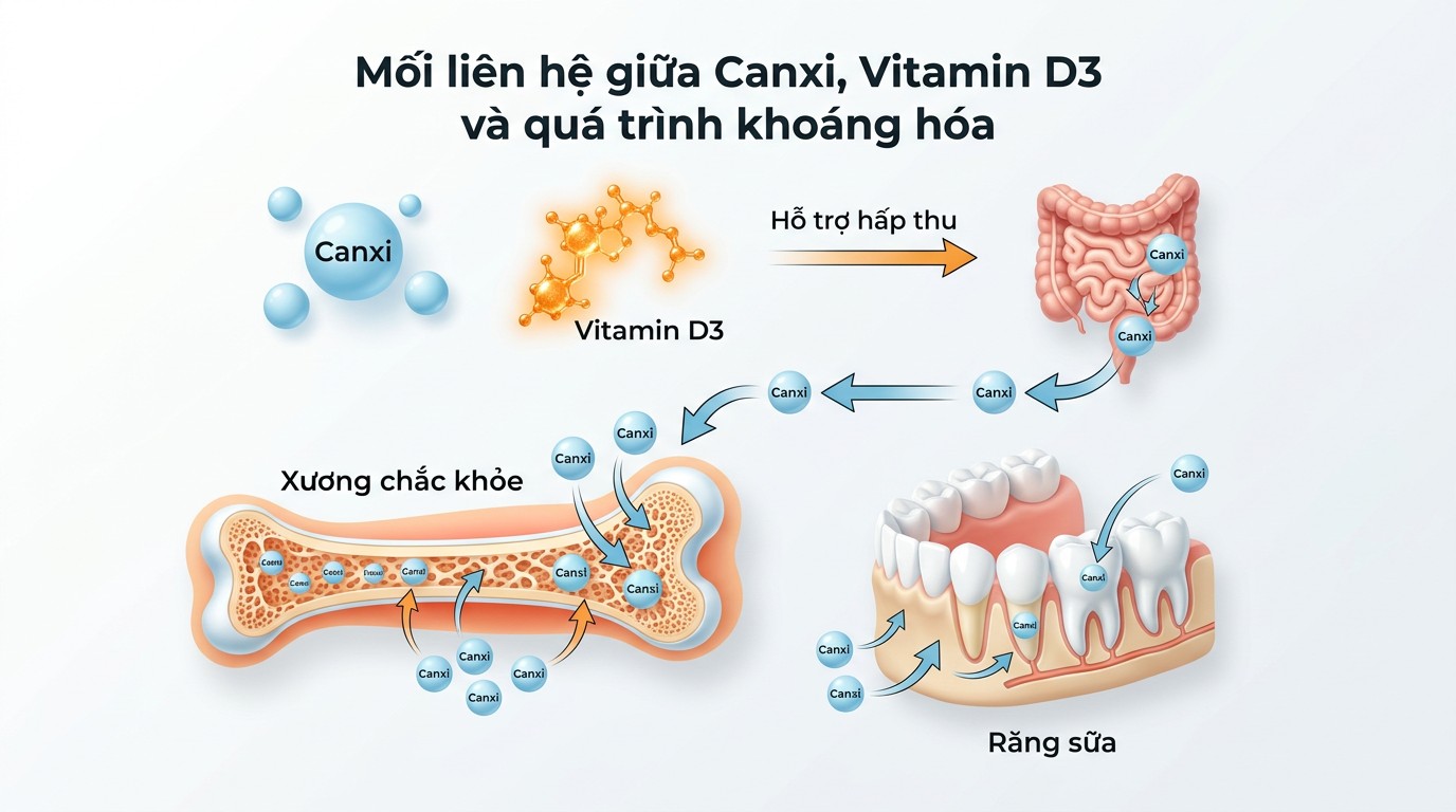 Sơ đồ mối liên hệ giữa canxi, vitamin D3 và quá trình khoáng hóa xương răng ở trẻ nhỏ