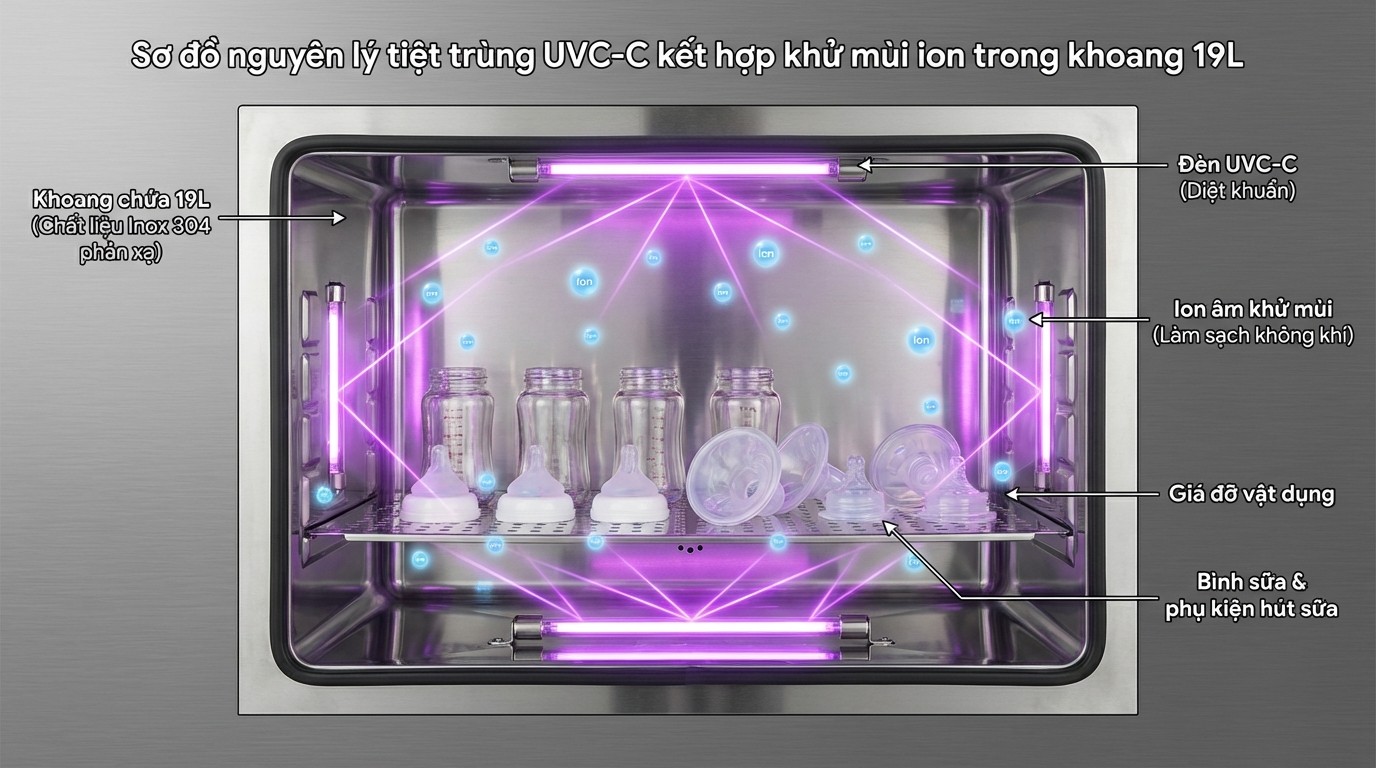 Sơ đồ nguyên lý tiệt trùng UVC C kết hợp khử mùi ion trong khoang 19L