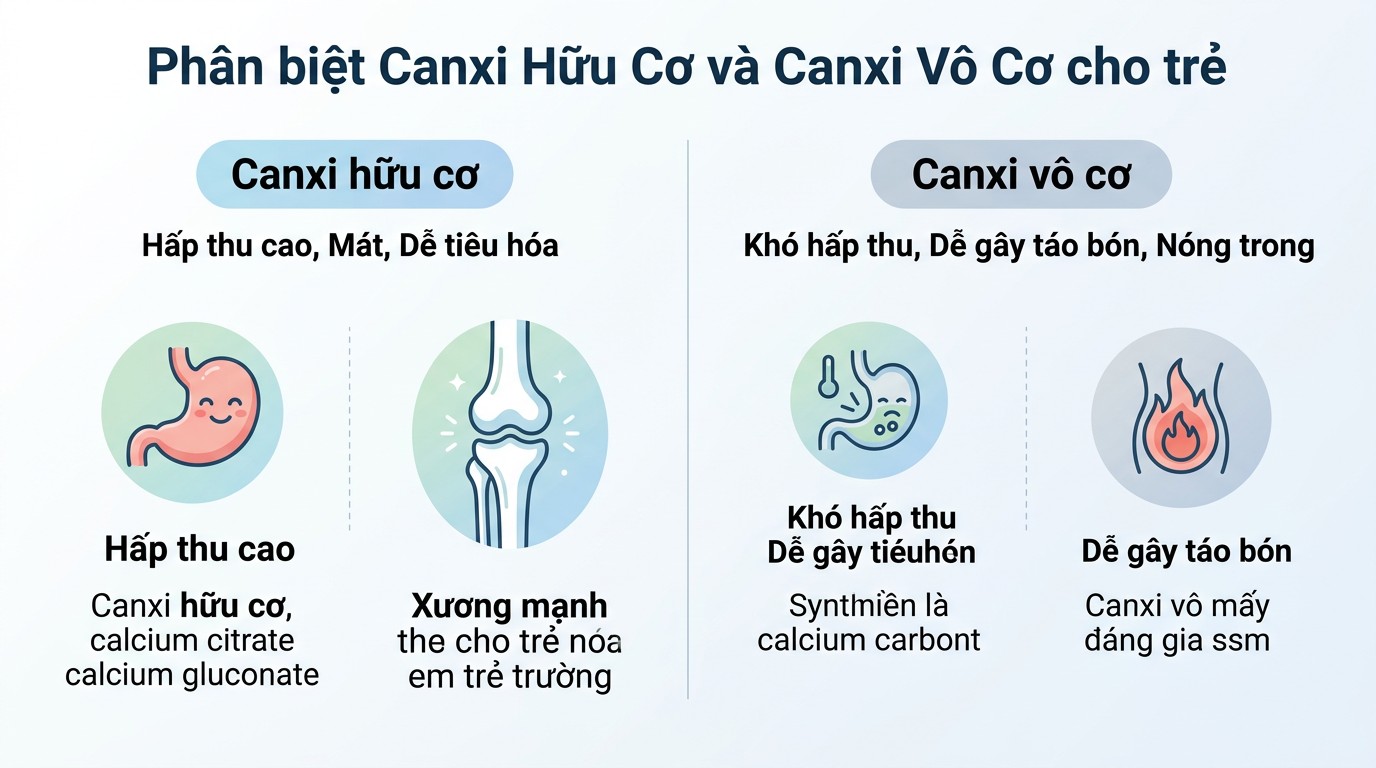Sơ đồ phân biệt canxi hữu cơ và dạng muối canxi thường gặp cho trẻ nhỏ