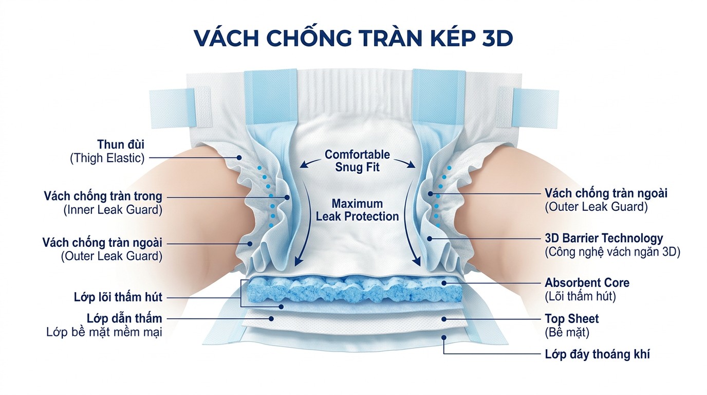 Sơ đồ vách chống tràn kép 3D ôm sát đùi và chặn tràn hai bên