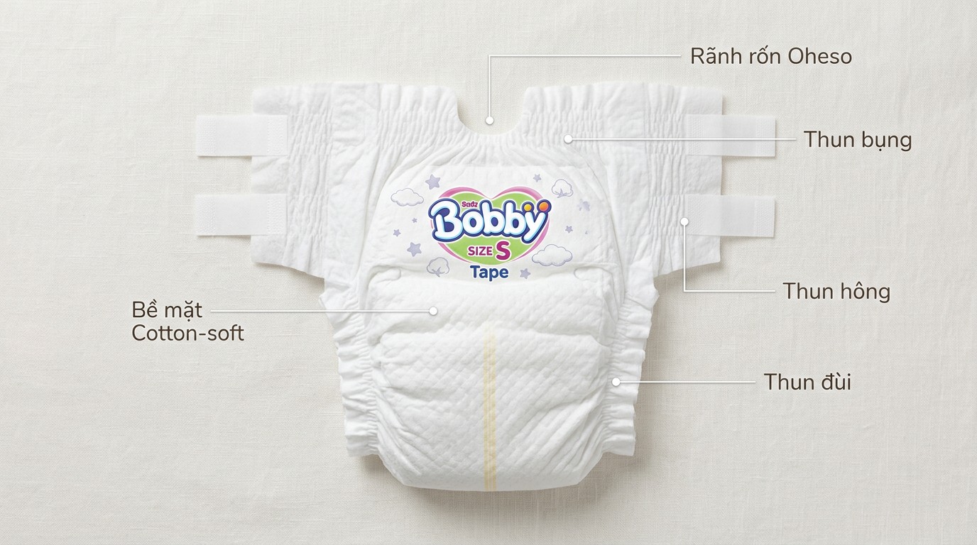 Sơ đồ vị trí thun bụng hông đùi và rãnh rốn trên tã dán Bobby S