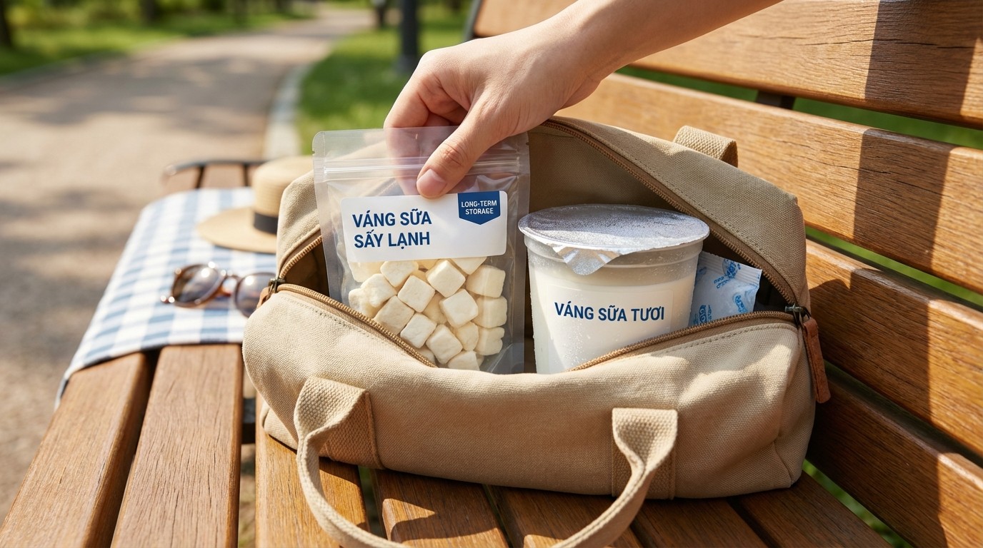 So sánh bảo quản váng sữa sấy lạnh và váng sữa tươi trong túi đi chơi