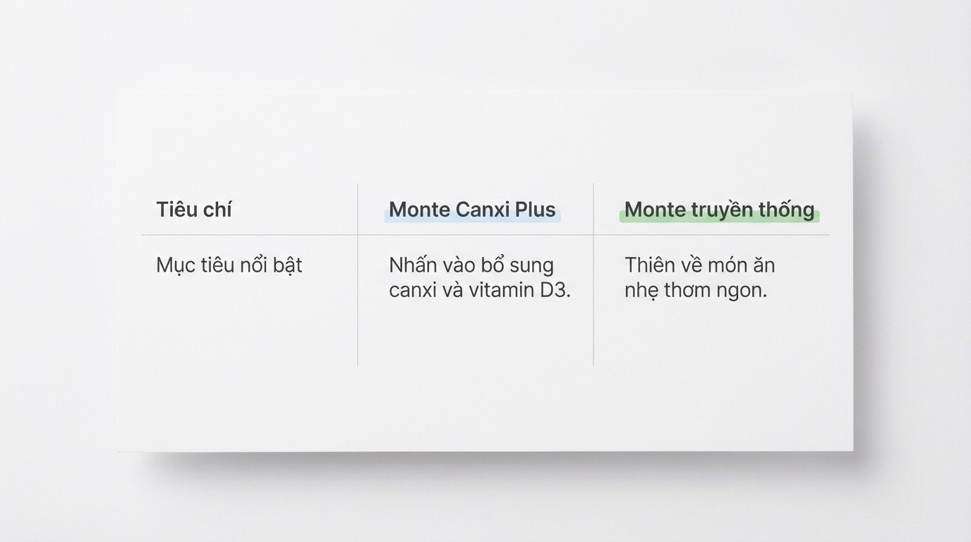 So sánh Monte Canxi Plus và Monte truyền thống theo tiêu chí dinh dưỡng và nhu cầu dùng