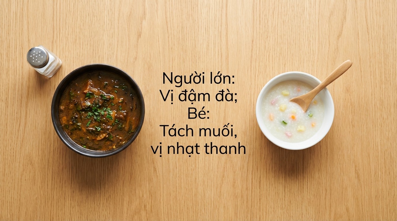 so sánh mức độ mặn giữa món người lớn và khẩu phần ăn dặm nhạt cho bé