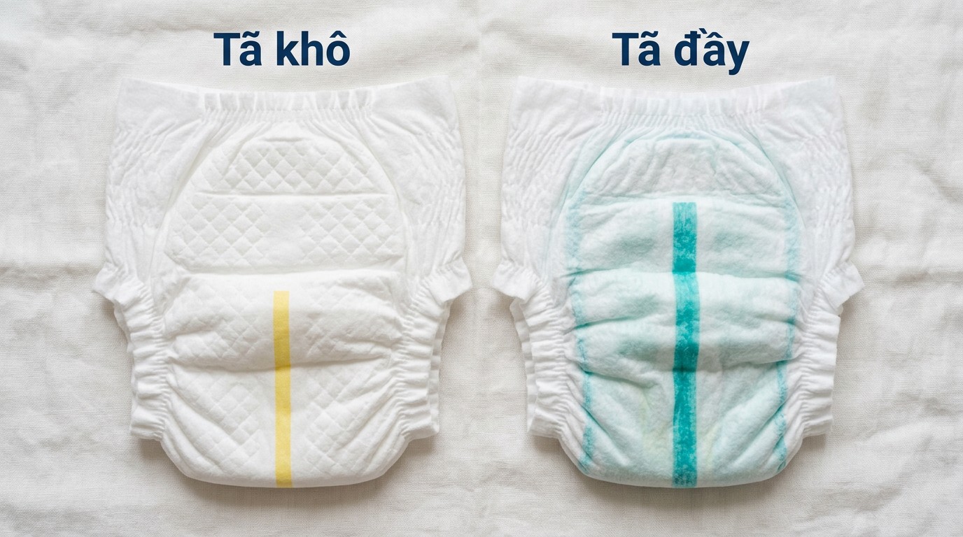 So sánh tã khô có vạch vàng và tã ẩm có vạch xanh hoặc xanh lá để nhận biết tã đầy