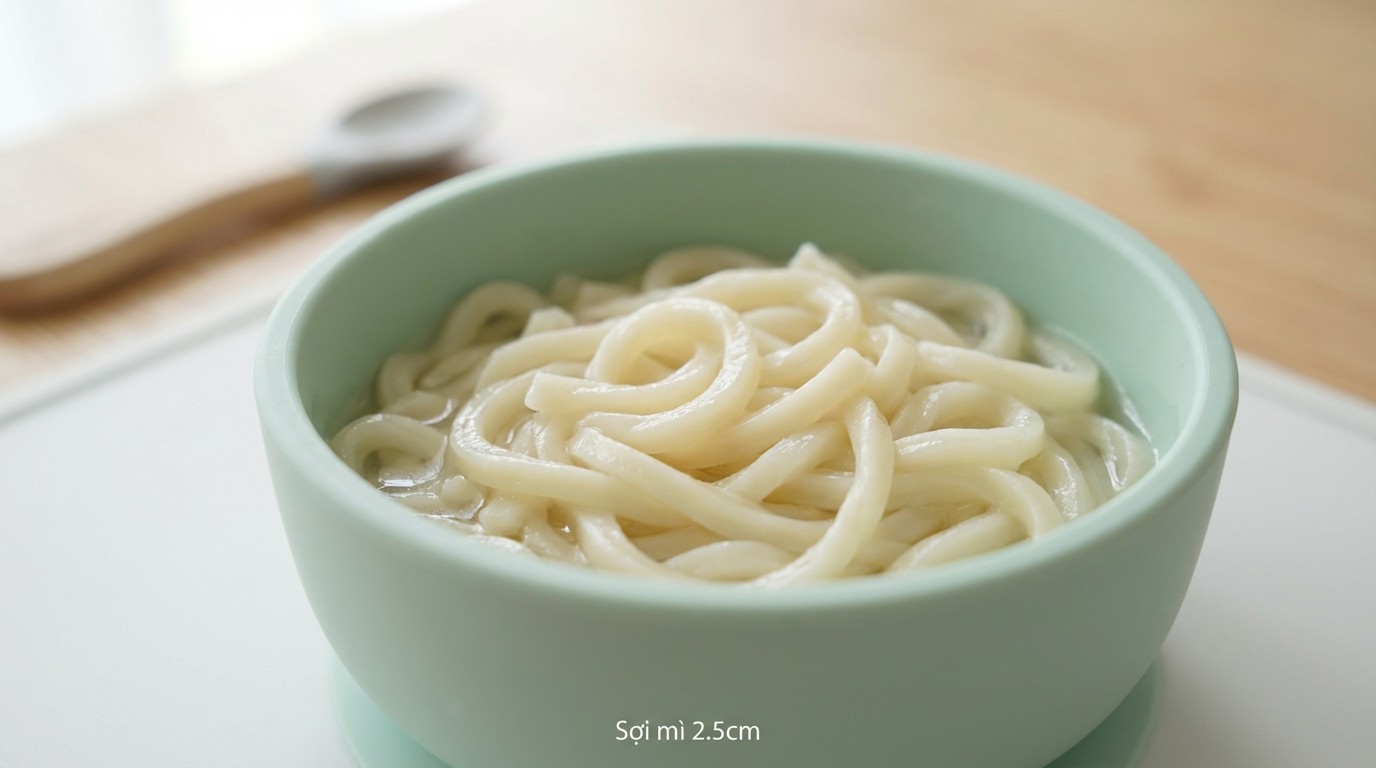 Sợi mì udon ngắn khoảng 2.5cm sau khi luộc, phù hợp tập nhai nuốt cho bé 7 tháng