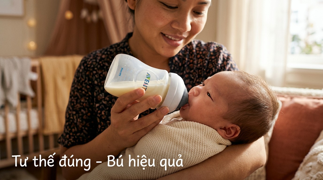 Tư thế cho bé bú bình đúng góc để hỗ trợ ngậm khít và giảm nuốt hơi