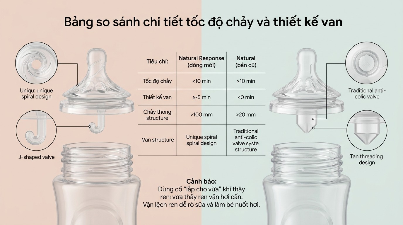 tương thích núm Natural Response với các thân bình Avent khác đời và vòng cổ bình