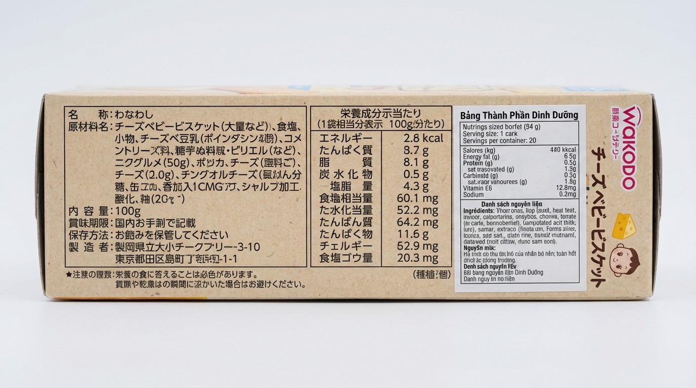 Ví dụ vị trí bảng dinh dưỡng và danh sách thành phần trên bao bì bánh Wakodo nội địa Nhật