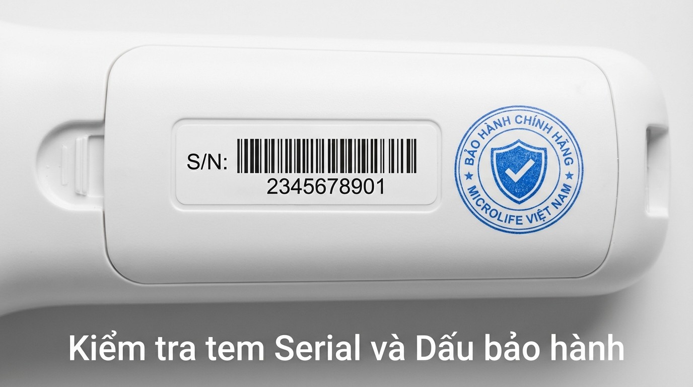 vị trí tem serial và dấu bảo hành khi kiểm tra Microlife NC200 chính hãng
