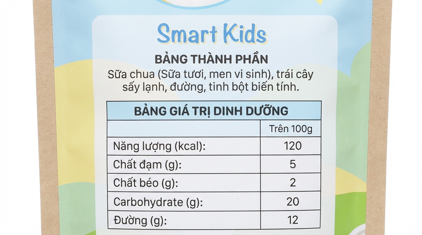 Vị trí thường gặp của bảng thành phần và bảng dinh dưỡng trên bao bì váng sữa sấy lạnh